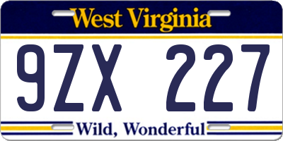 WV license plate 9ZX227