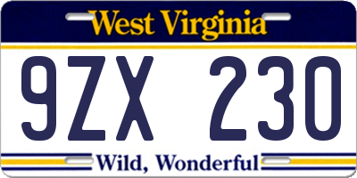 WV license plate 9ZX230