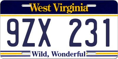 WV license plate 9ZX231