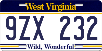 WV license plate 9ZX232