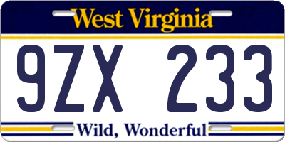 WV license plate 9ZX233