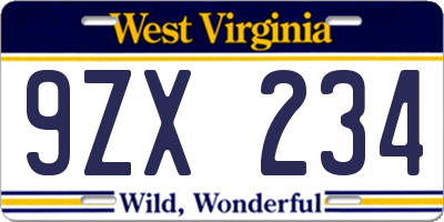 WV license plate 9ZX234