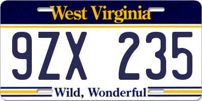 WV license plate 9ZX235