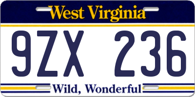 WV license plate 9ZX236