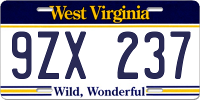 WV license plate 9ZX237