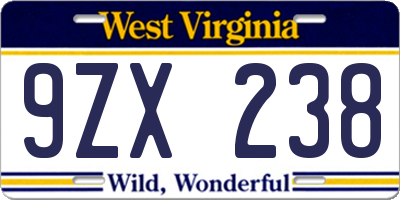 WV license plate 9ZX238