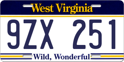 WV license plate 9ZX251