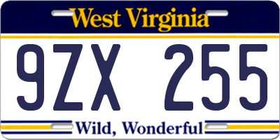 WV license plate 9ZX255