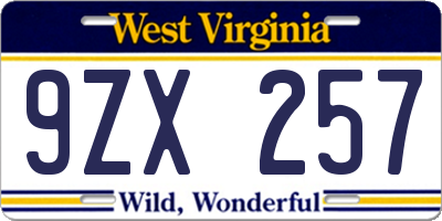 WV license plate 9ZX257