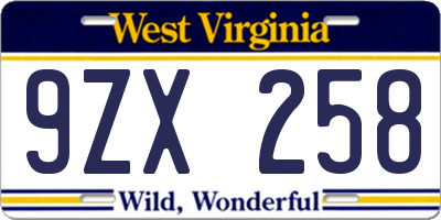 WV license plate 9ZX258