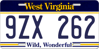 WV license plate 9ZX262