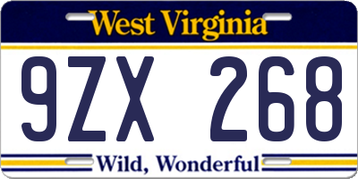 WV license plate 9ZX268