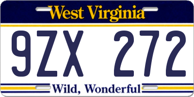 WV license plate 9ZX272