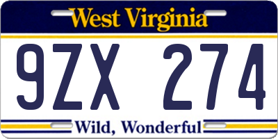 WV license plate 9ZX274