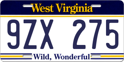 WV license plate 9ZX275