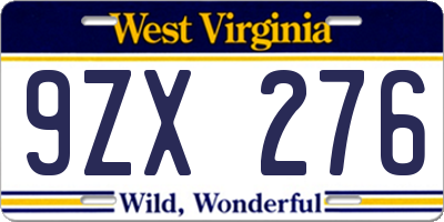 WV license plate 9ZX276