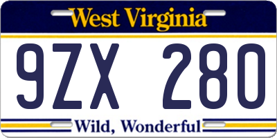WV license plate 9ZX280