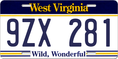 WV license plate 9ZX281