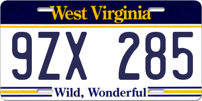 WV license plate 9ZX285