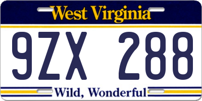 WV license plate 9ZX288