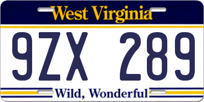 WV license plate 9ZX289