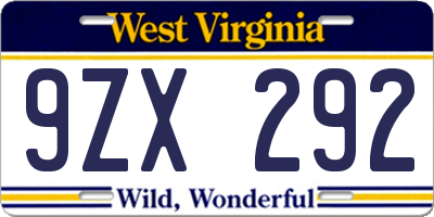 WV license plate 9ZX292