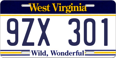 WV license plate 9ZX301