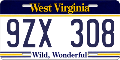 WV license plate 9ZX308