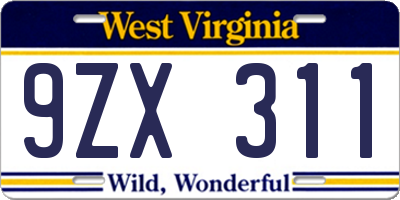 WV license plate 9ZX311