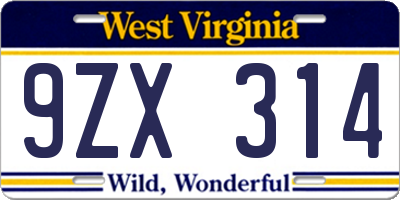 WV license plate 9ZX314