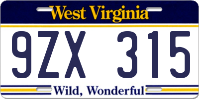 WV license plate 9ZX315