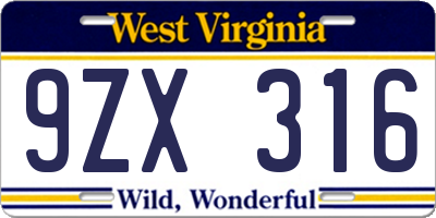 WV license plate 9ZX316