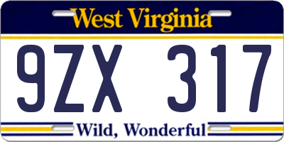 WV license plate 9ZX317