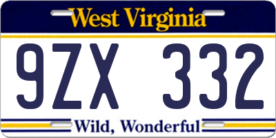 WV license plate 9ZX332
