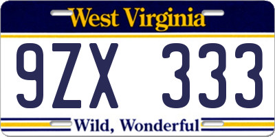 WV license plate 9ZX333