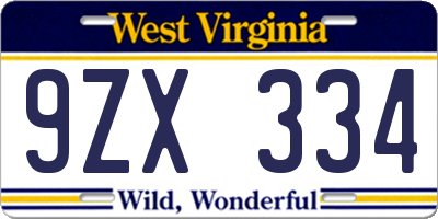 WV license plate 9ZX334