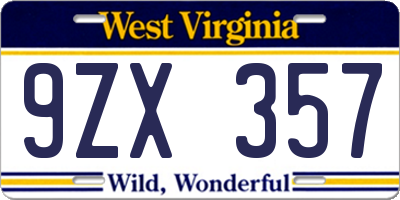 WV license plate 9ZX357
