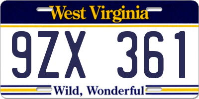 WV license plate 9ZX361