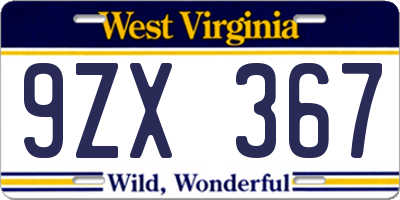 WV license plate 9ZX367