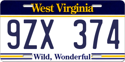 WV license plate 9ZX374