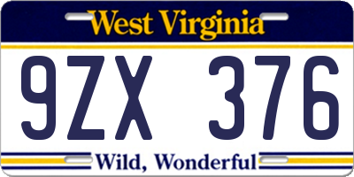 WV license plate 9ZX376