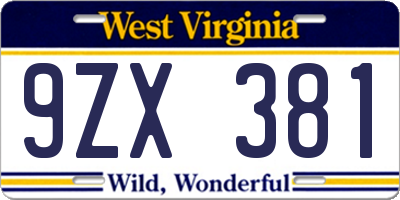 WV license plate 9ZX381