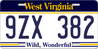 WV license plate 9ZX382