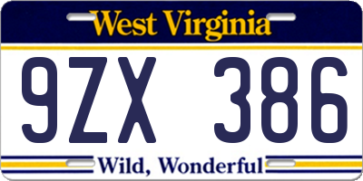 WV license plate 9ZX386