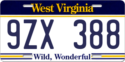 WV license plate 9ZX388