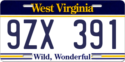 WV license plate 9ZX391