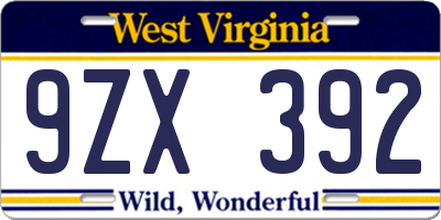 WV license plate 9ZX392