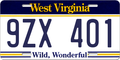 WV license plate 9ZX401