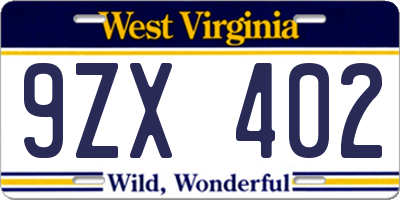 WV license plate 9ZX402