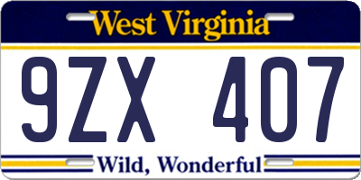 WV license plate 9ZX407